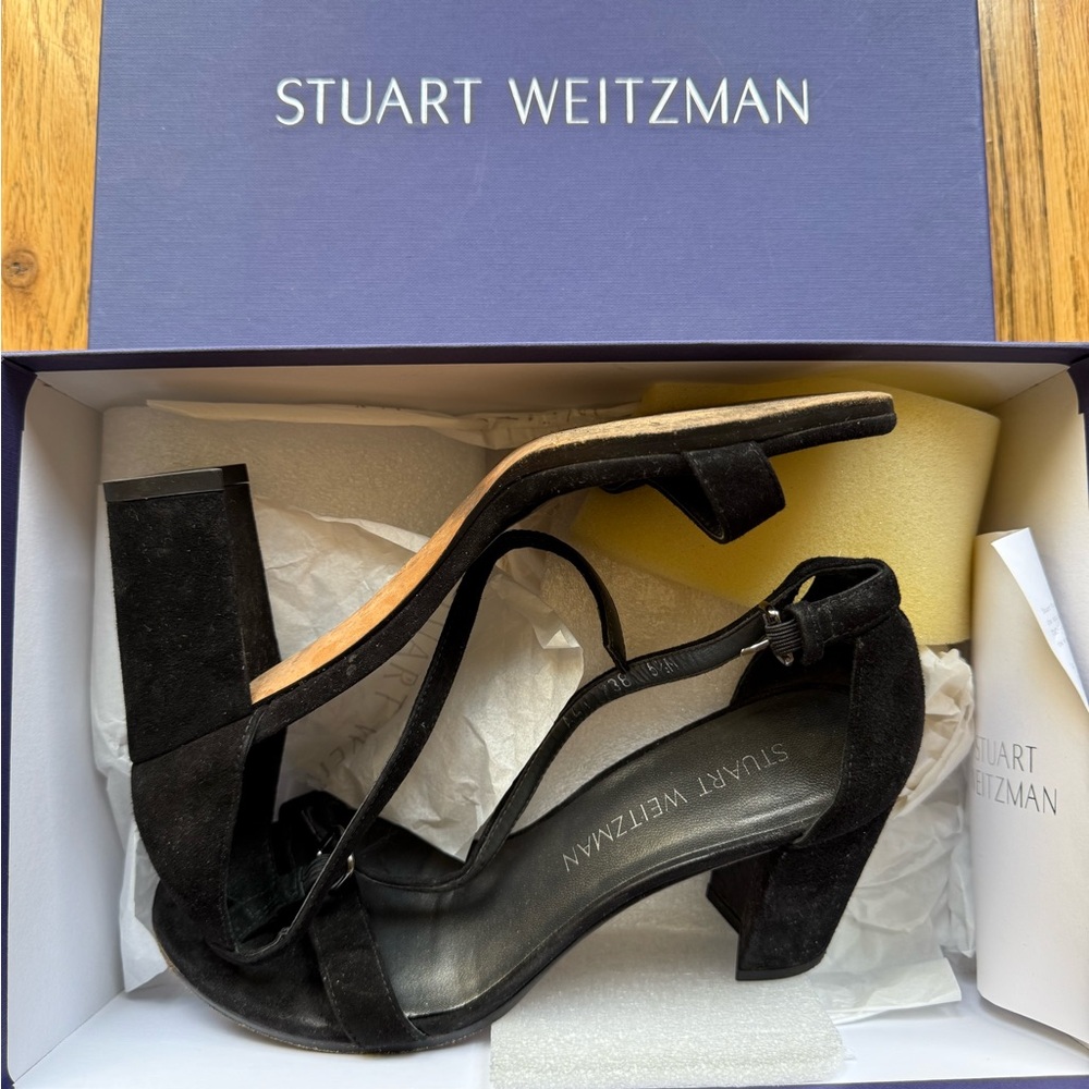 Black Suede Stuart Weitzman Block Heels with Ankle Strap
